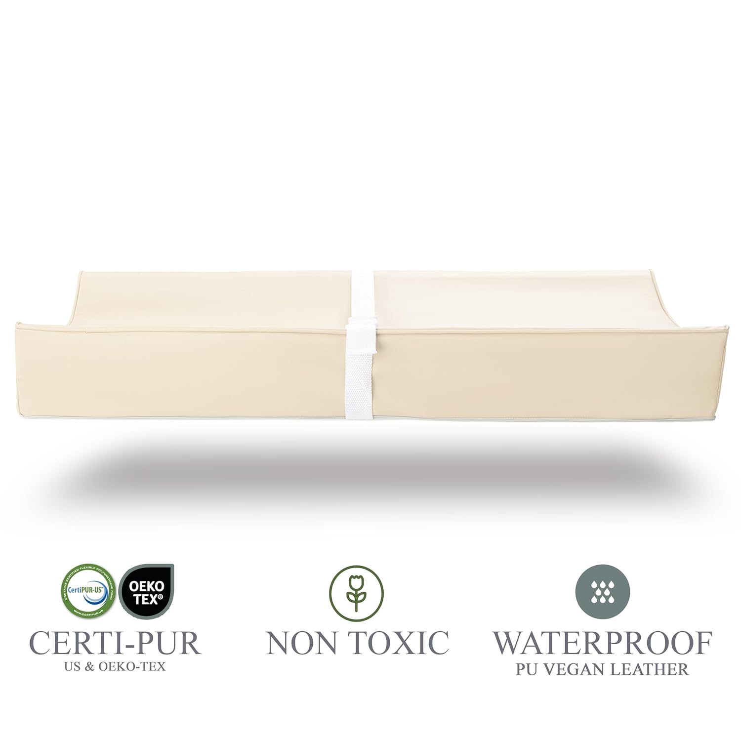 Vegan Leather Contoured Baby Changing Pad | Waterproof & Wipe-Clean PU Leather Diaper Change Mat, Soft, Wipeable Cover, Safety Strap, Non-Slip Bottom, Topper for Standard Infant Diaper Table & Dresser