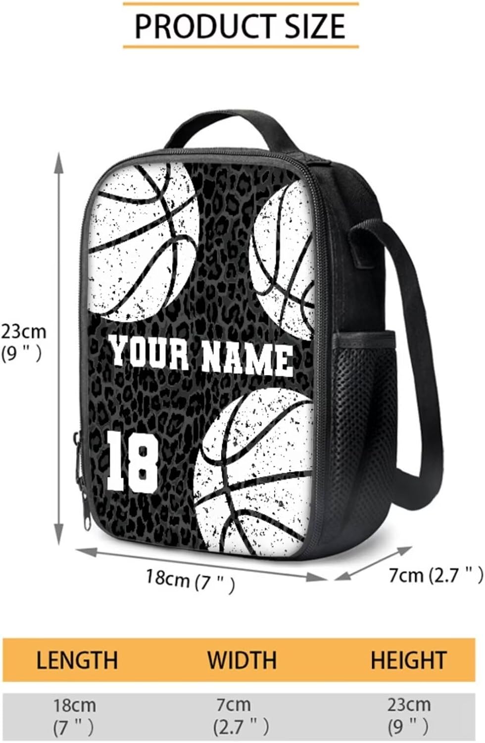Suobstales Custom Basketball Print Kids Backpacks for School Teens Girls Boys Black Leopard Pattern School Bookbag Set with Lunch Box and Pencil Case, Set 3 in 1 Back to School Supplies