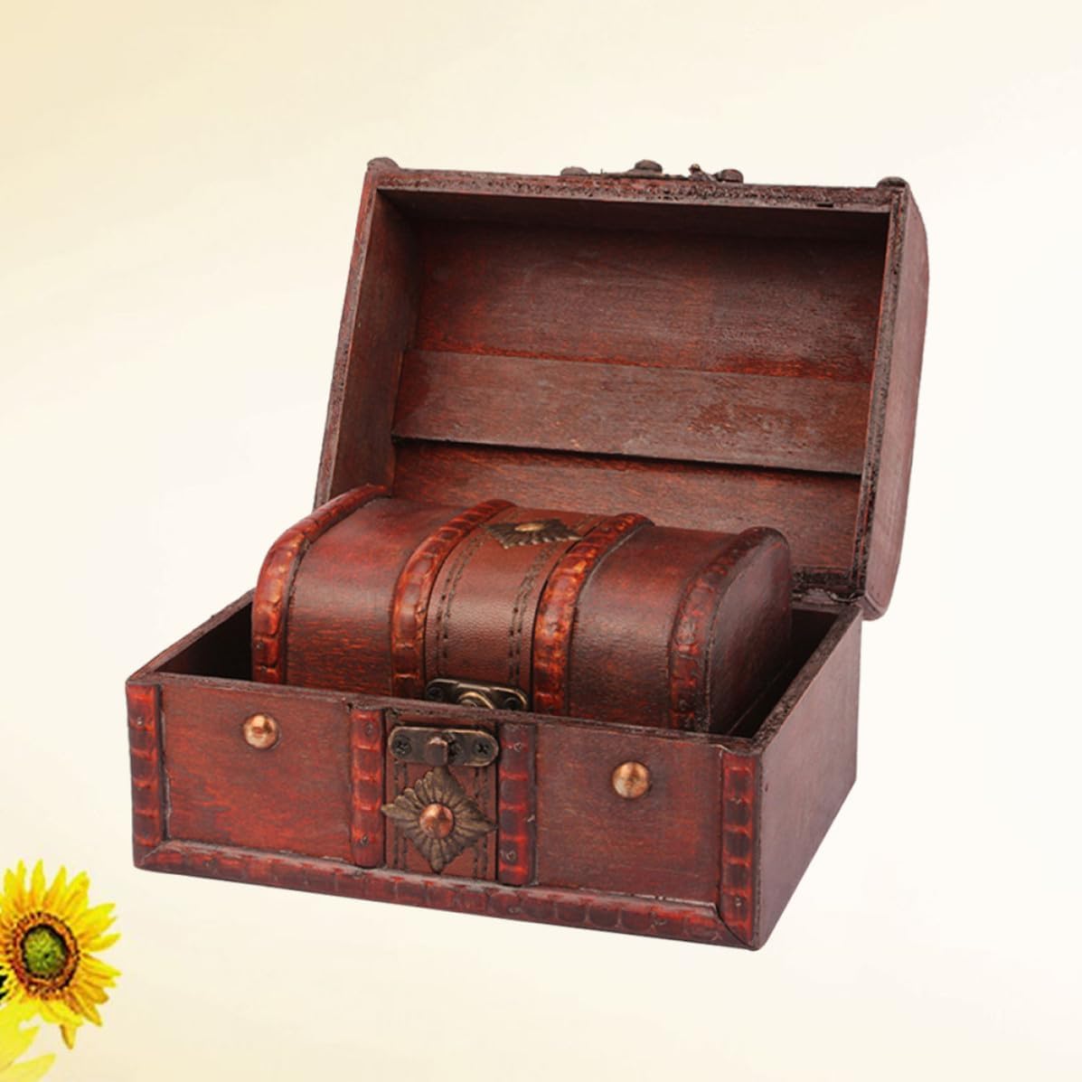 2pcs Jewelry Treasure Chest Organizer Box Antique Vintage Wooden Brown