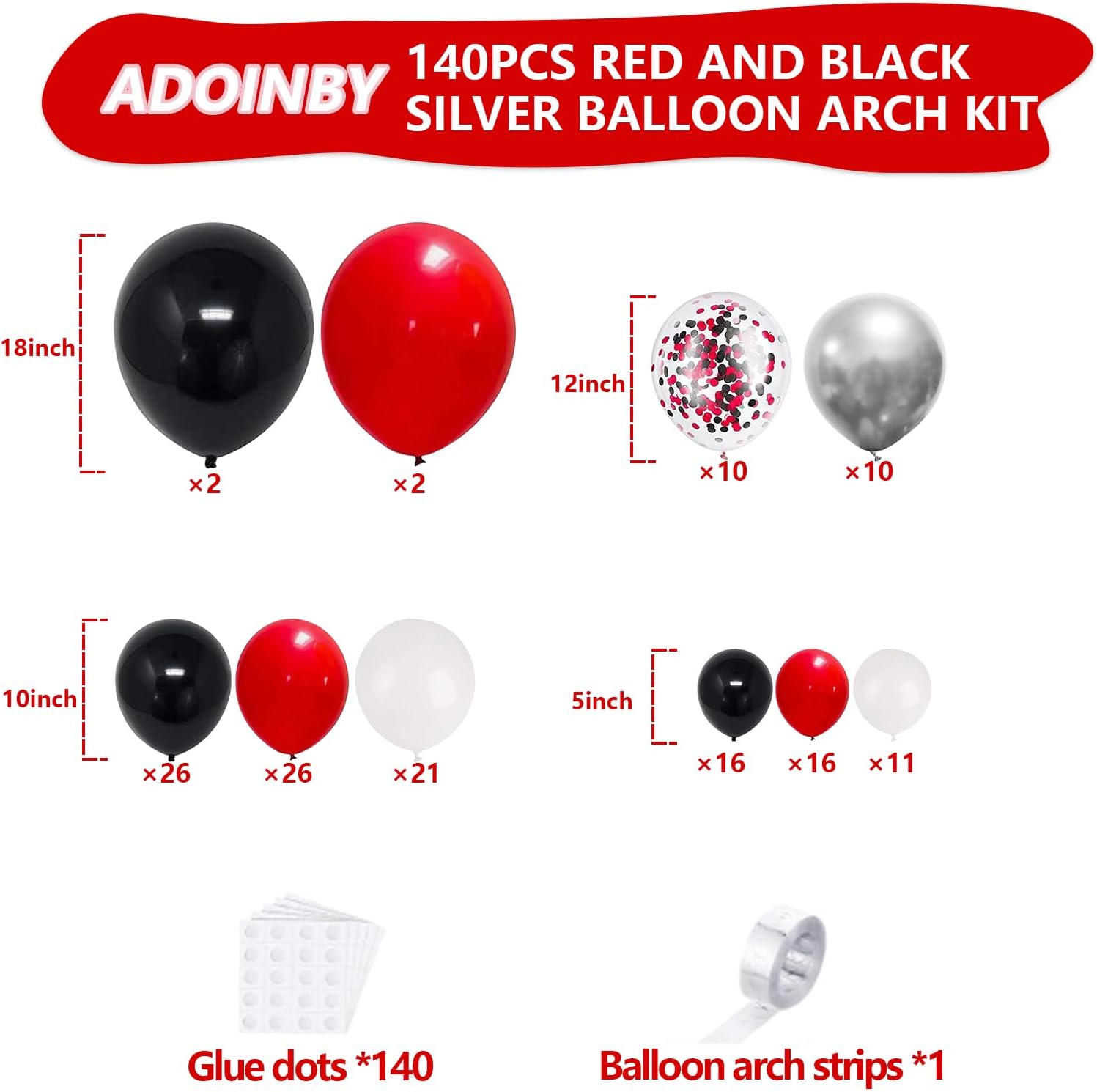 Red Black and White Balloon Arch Kit, ADOINBY 140Pcs Red and Black White Silver Garland kit, 18 12 10 5 Inch Different Size Balloons for Birthday Party Anniversary Racing Car New Year Prom Decorations thumbnail