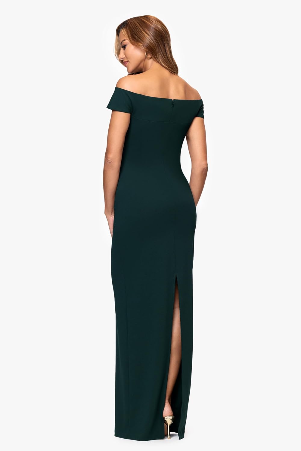 Xscape Women's Scuba Crepe Short Sleeve Off The Shoulder Ruched Floor Length Dress