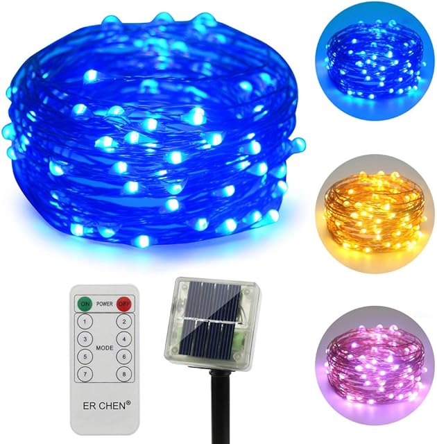 ErChen Dual-Color Solar Powered LED String Lights, 33FT 100 LEDs Remote Control Color Changing 8 Modes Copper Wire Decorative Fairy Lights for Outdoor Garden Patio (Warm White, Blue)