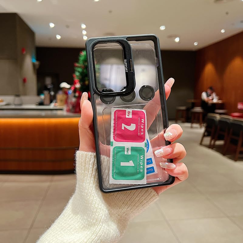 Image of Clear Case for Samsung Galaxy S25 Ultra | Metal Lens Protector & 180 Rotating Bracket | Shockproof Transparent Hard Back Cover with Soft TPU Frame - Black