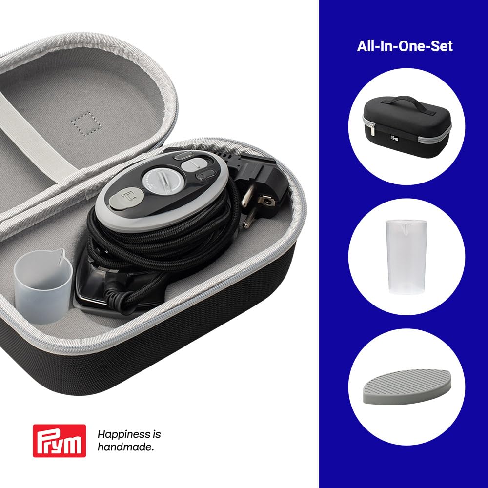 Prym Mini Dampfbügeleisen schwarz mit Silikonablage & Aufbewahrungs-Case im Set | 400W, einstellbare Temperatur (110–240V) | ideal für Nähen, Patchwork & Reisen