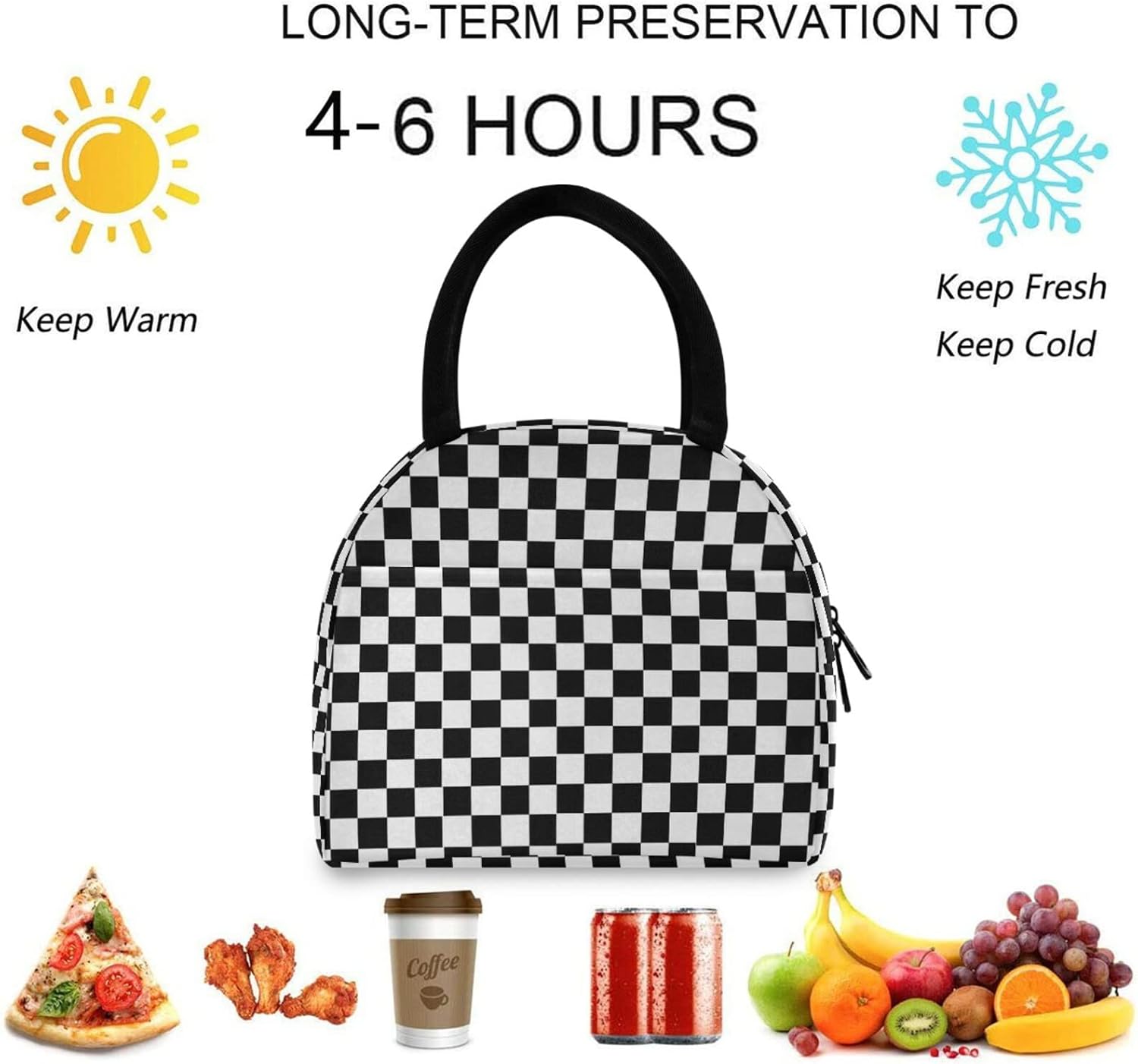 Chic Racing Flag Checks Black White Large Insulated Cooler Lunch Tote Bag image 5