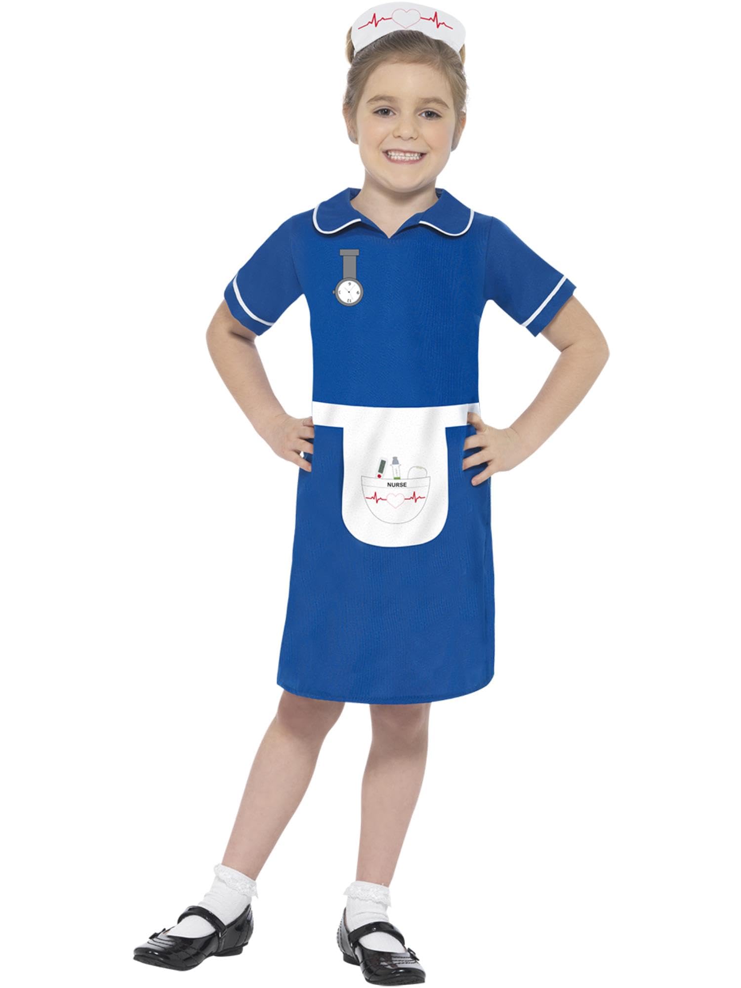 Smiffys Nurse Costume, Blue with Dress & Headpiece, Girls Fancy Dress, Child Dress Up Costumes