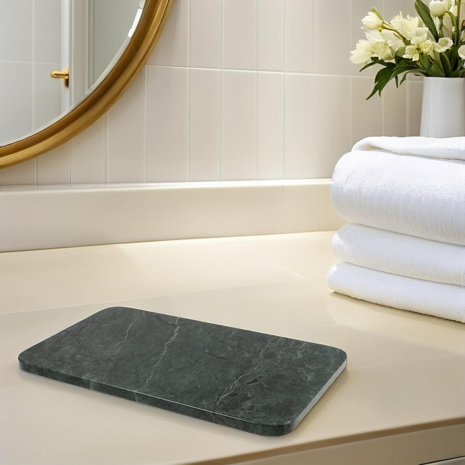 HEMOTON Marble Vanity Tray Organizer 25x15cm Rectangular Natural Stone Storage Plate with Rounded Corners for Bathroom and Kitchen Countertop Accessories