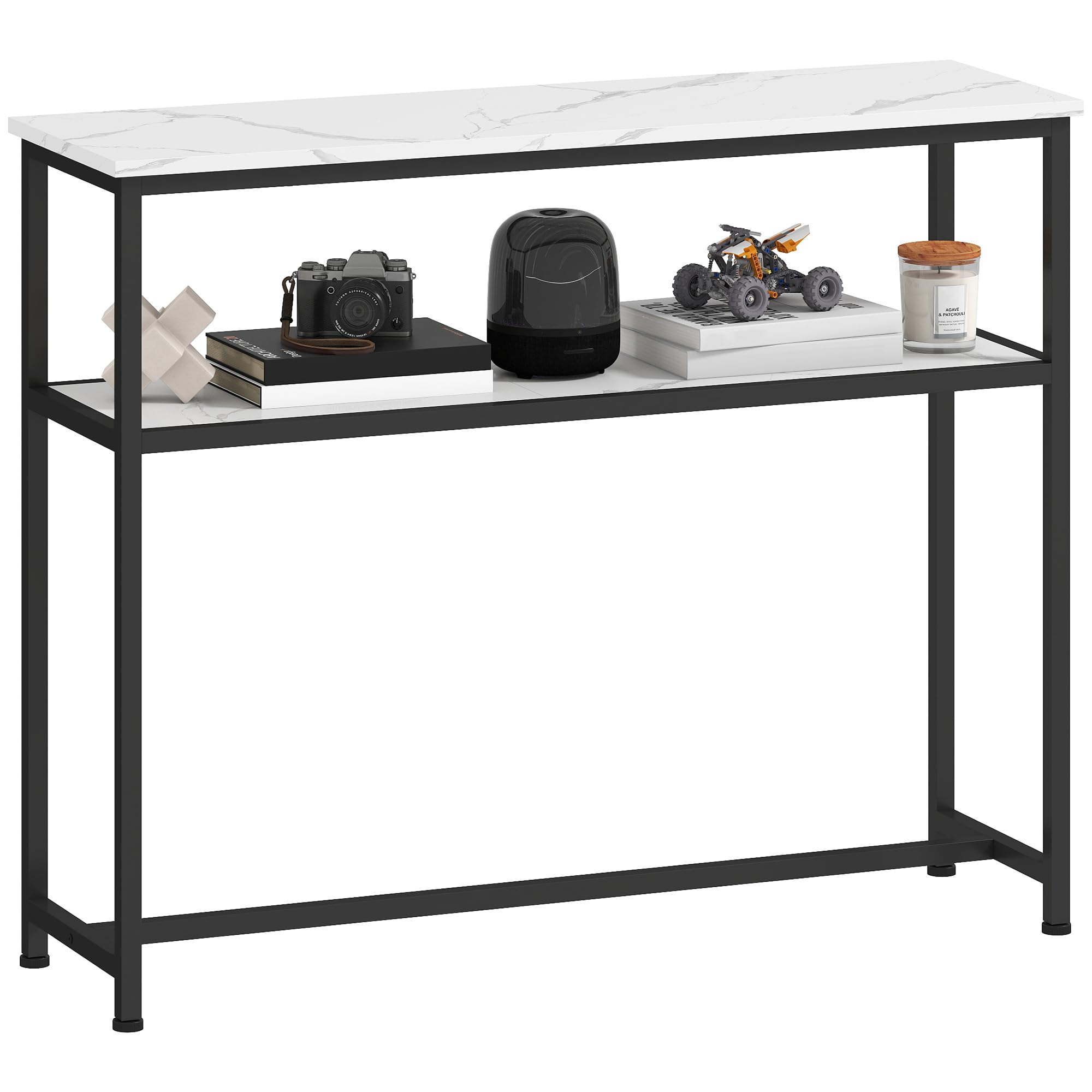 HOMCOM Mesa Consola Moderna Consola Recibidor Estrecha 100 cm Blanco | Superficie con Efecto Mármol, Estante Abierto, Marco de Metal, Mesa de Sofá, para Entrada Sala de Estar