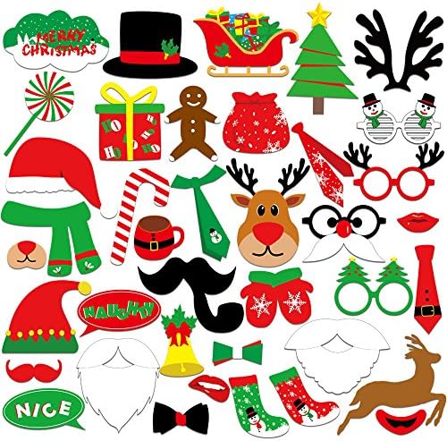KUUQA 39 Pcs Christmas Photo Booth Props Kit Merry Chiristmas Party Decoration Supplies
