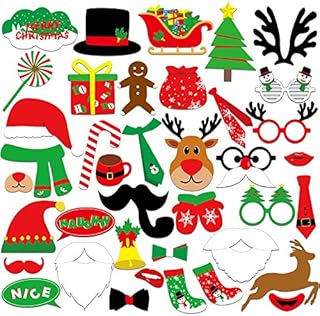 KUUQA 39 Pcs Christmas Photo Booth Props Kit Merry Chiristmas Party Decoration Supplies