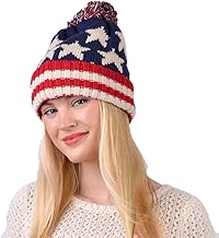 Parquet American Flag Knit Pom Beanie Ski Hat with Stars