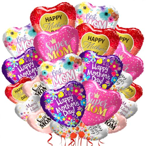 24Pcs Happy Mothers Day Balloons - 12Pcs 18 and 12 Pcs 10 Aluminum Foil Heart Balloons for Mothers Day Grandmother Birthday Party Decorations