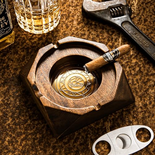 Wooden Cigar Ashtray Accessories for Cigarettes - Indoor Outdoor Patio Home Office Use - Quadrangular Wooden Brown Ash Tray Gift Set for Men Great Decor for Home Office or Bar - Thumbnail 2