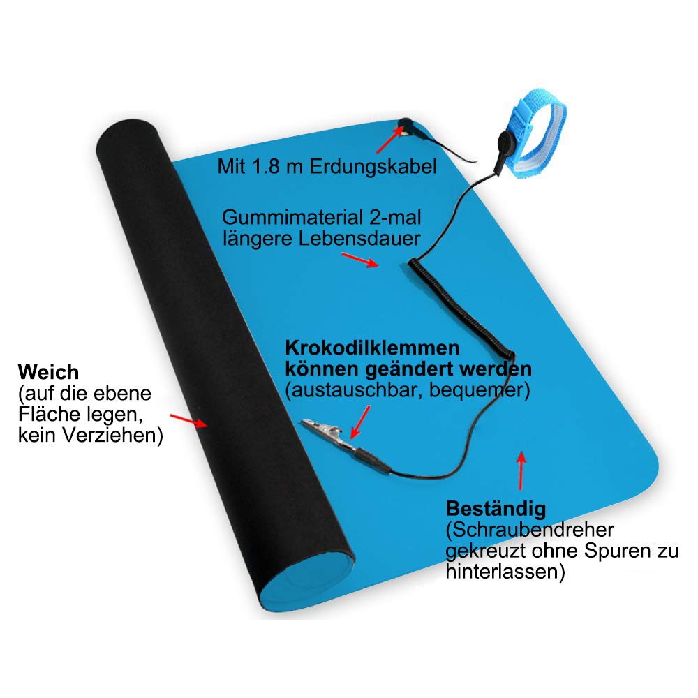 ESD Antistatik-Matte, YUANJ Professionelle Antistatische Arbeitsmatte, Gummimatte mit Erdungskabel und Handgelenkschlaufe, 76,5 cm x 47 cm x 0,2 cm, Blau