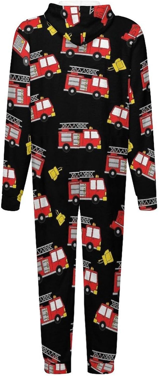 Adult Onesie Pajamas, Plush Zipper Jumpsuits, Soft Warm Hooded One Piece Pajamas, Novelty Holiday Onesie for Men Women, Cute Cartoon Firefighter Red Fire Truck, S
