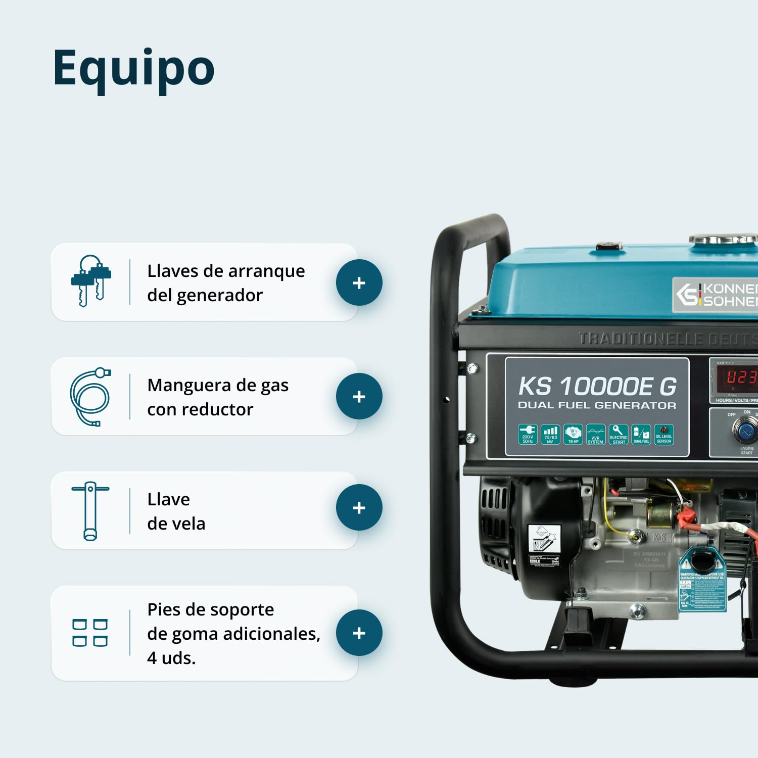 Könner & Söhner KS 10000E G - Generador de gasolina LPG híbrido de 4 tiempos, 7500 W, 1 generador de 16 A, 1 generador de 32 A, con regulador de voltaje automático de 230 V,