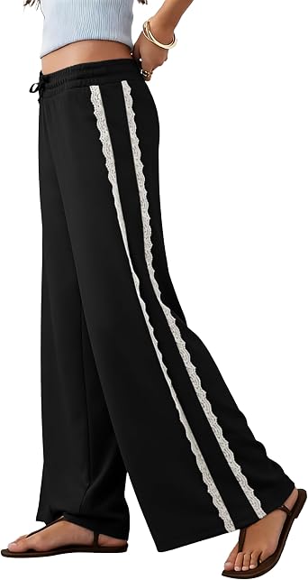 Womens Lace Trim Palazzo Pants Wide Leg Daily Summer Beach Vacation Office Lounge Travel Holiday Party