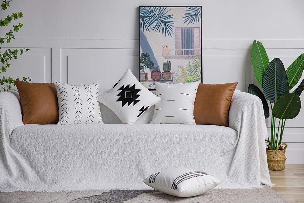 DEZENE Decorative Throw Pillow Covers: Set of 6 Modern Boho Square Cotton and Faux Leather Pillow Cases for Home Decor Living Room Farmhouse Sofa Couch, 18 x 18 Inch, White/Black/Brown
