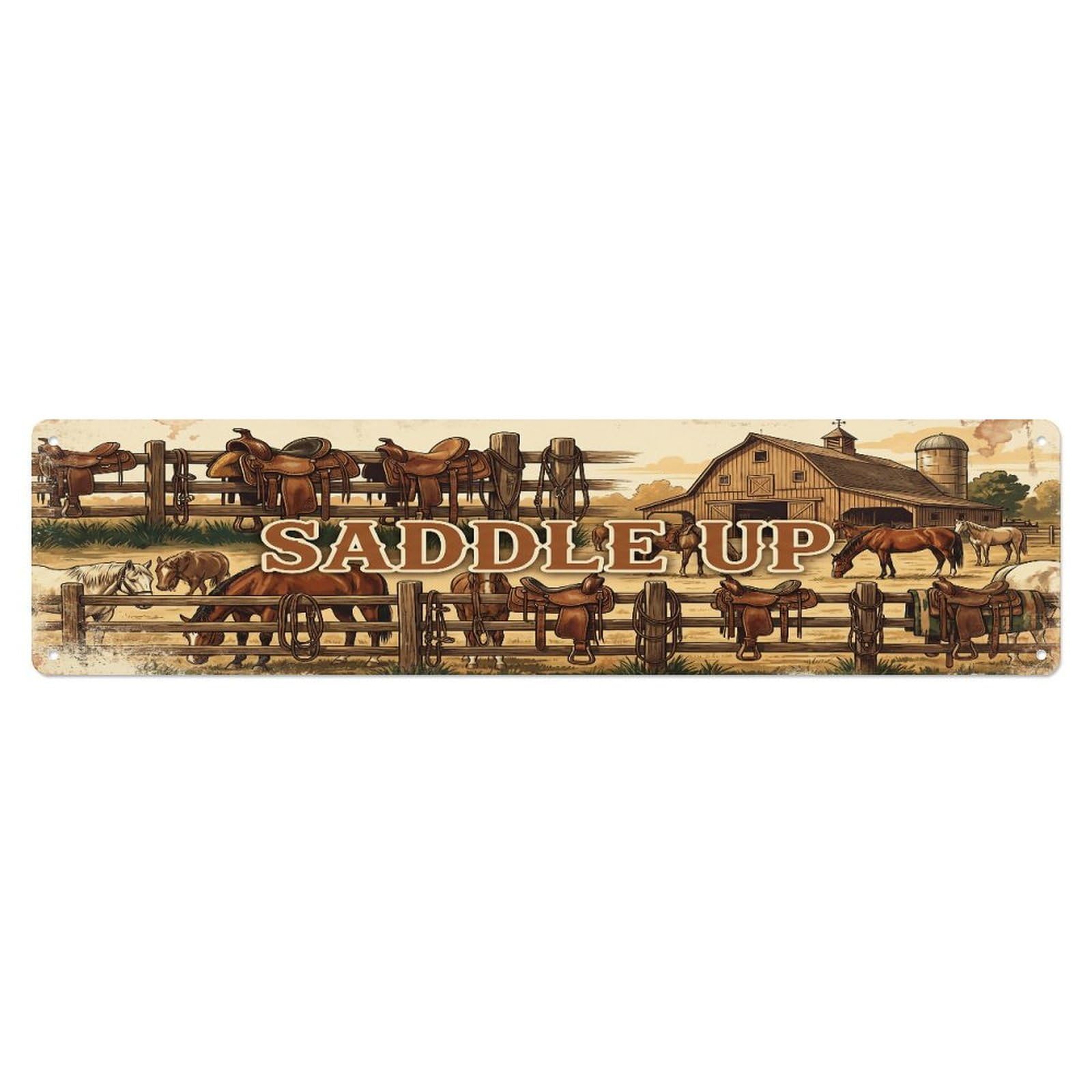 Xanthor Style Metal Tin Sign Vintage Yard Saddle Farmhouse Funny Horse Backyard Farm
