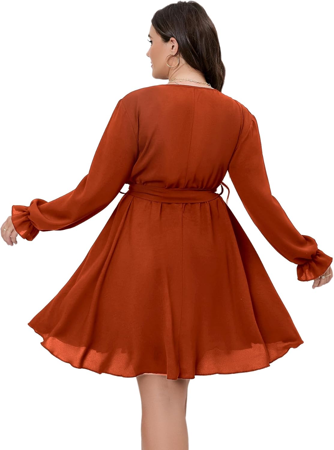 SCOMCHIC Women's Plus Size Long Sleeve Wrap V Neck Tie Waist A Line Mini Dress - Image 4