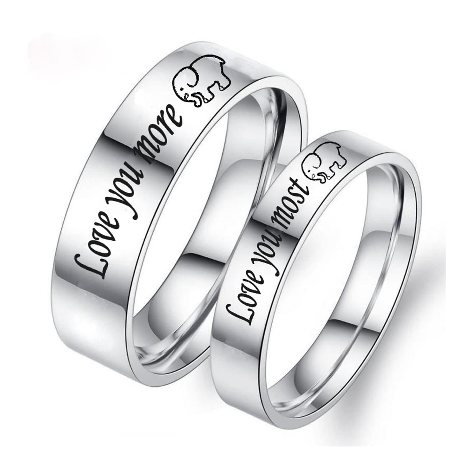 AmDxD Alianza para boda plateada, acero inoxidable, anillo de compromiso con pareja grabada con el elefante Love You Most/More, W54 & M66.5, Acero inoxidable, Sin piedras preciosas