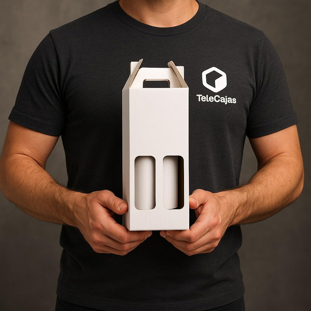TELECAJAS | 20 Cajas 2 Botellas de Vino Estuches con Asa Cartón Blanco Automontables | Para regalos, envíos, navidad, gourmet | Pack de 20