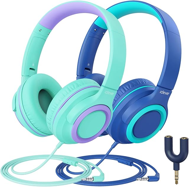 iClever Kids headphones,[2 Pack] Headphone with MIC 94dB Safe Volume Limited - Wired Headphones for Kids with Sharing Splitter, Tangle-Free Foldable Stereo Headphones for School/Tablet/Travel MP3/4