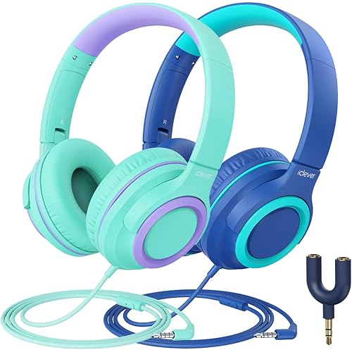[2 Pack] iClever HS22 Kids Headphones with Microphone - 94dB Safe Volume Limited - Wired Headphones for Kids Teens with Sharing Splitter, Tangle-Free Foldable Stereo Headset for School/Tablet/Travel