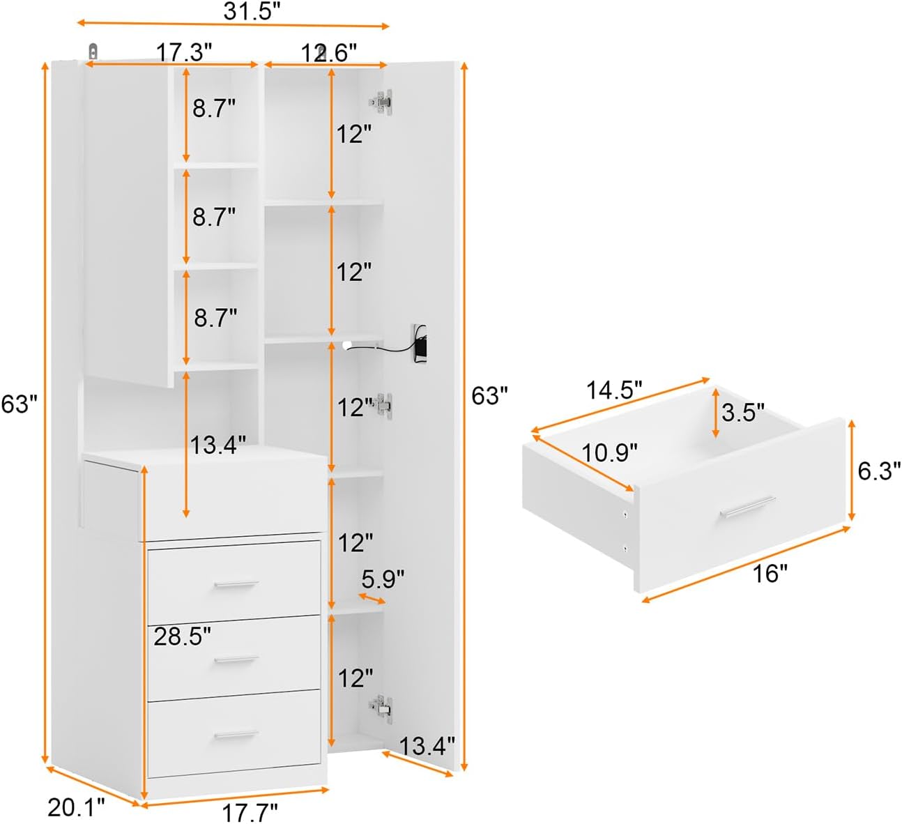 Diagram showing dimensions of the vanity desk and individual drawer
