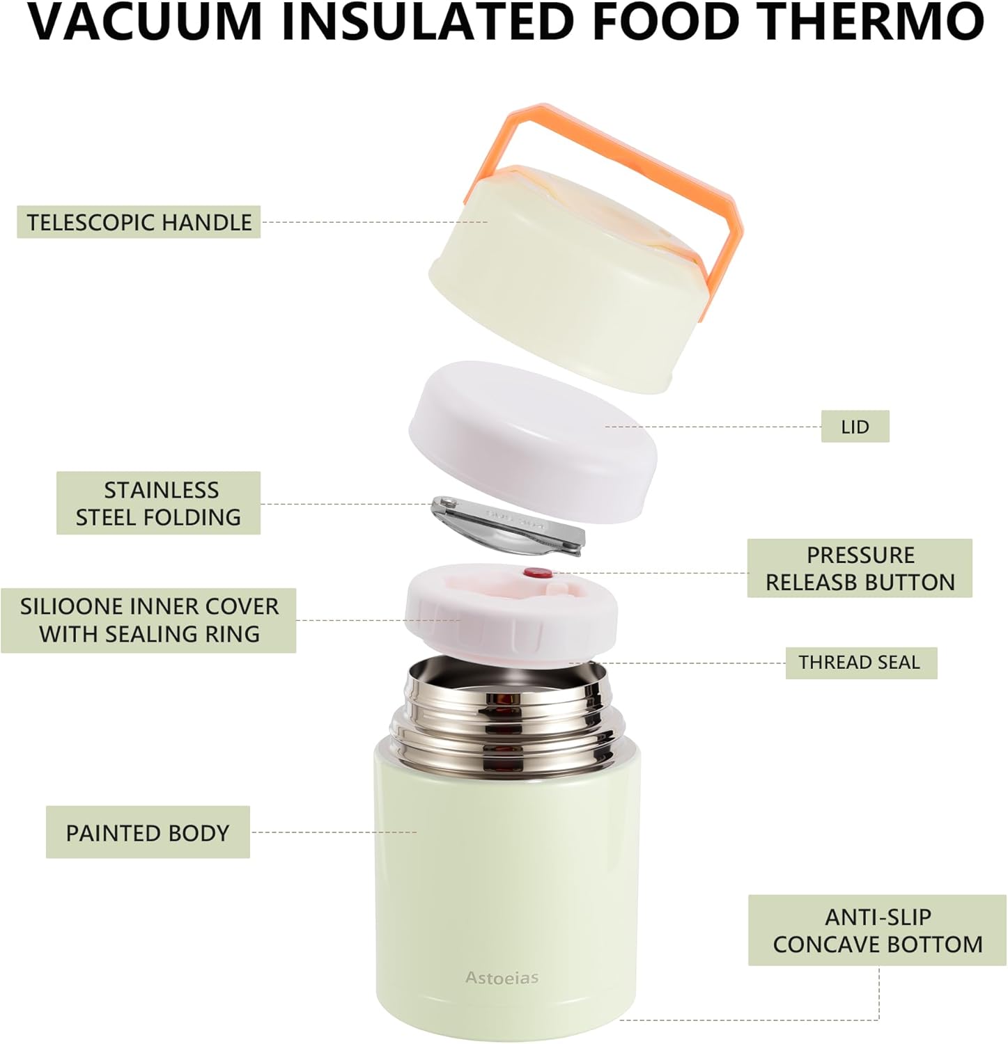 Insulated Thermo Soup Jar for Kids & Adults, 27 oz Stainless Steel Thermal Food Container with Spoon, Triple Layer Insulation (Green)
