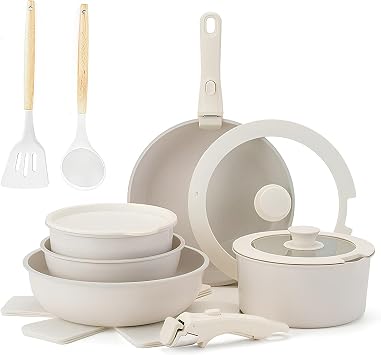 N/A 17 Piece Pots and Pans Set Non-Stick Ceramic Cookware Set Kitchen Cooking Set with Removable Handles, Silicone Tools and Pot Protector