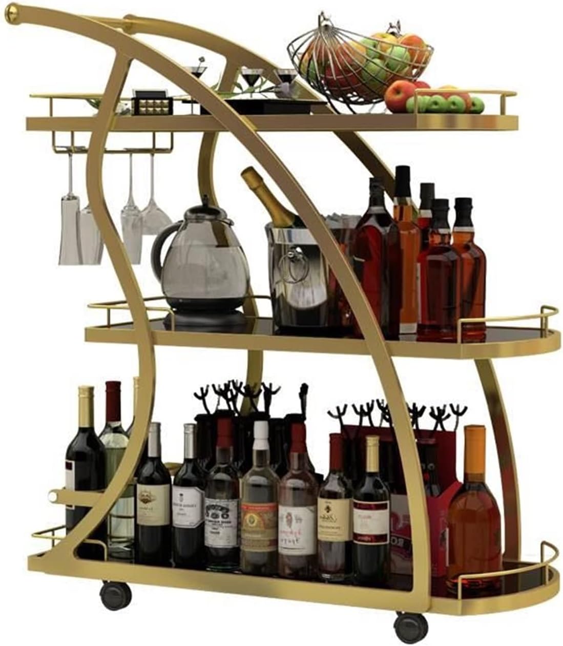 Free Standing Kitchen Storage Shelf Rack Mobile Home Trolley Kitchen Rack ثلاث طبقات Golden Cake Tea Service Rack Kitchen Bakers Rack Microwave Oven Stand (Color : Gold)