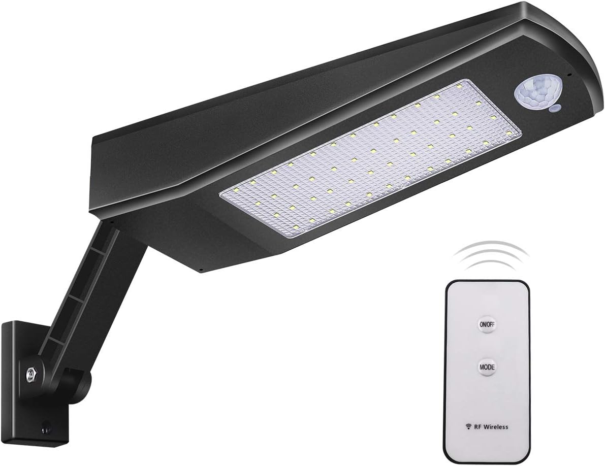 Licwshi Solar Lights Outdoor 48 LED 4500mAh,IP65 Waterproof Outdoor Security Night Light,Wireless Wall Lamp with Motion Sensor and Remote Control for Garden, Fence, Patio, Yard, Gate Garage-Warm White