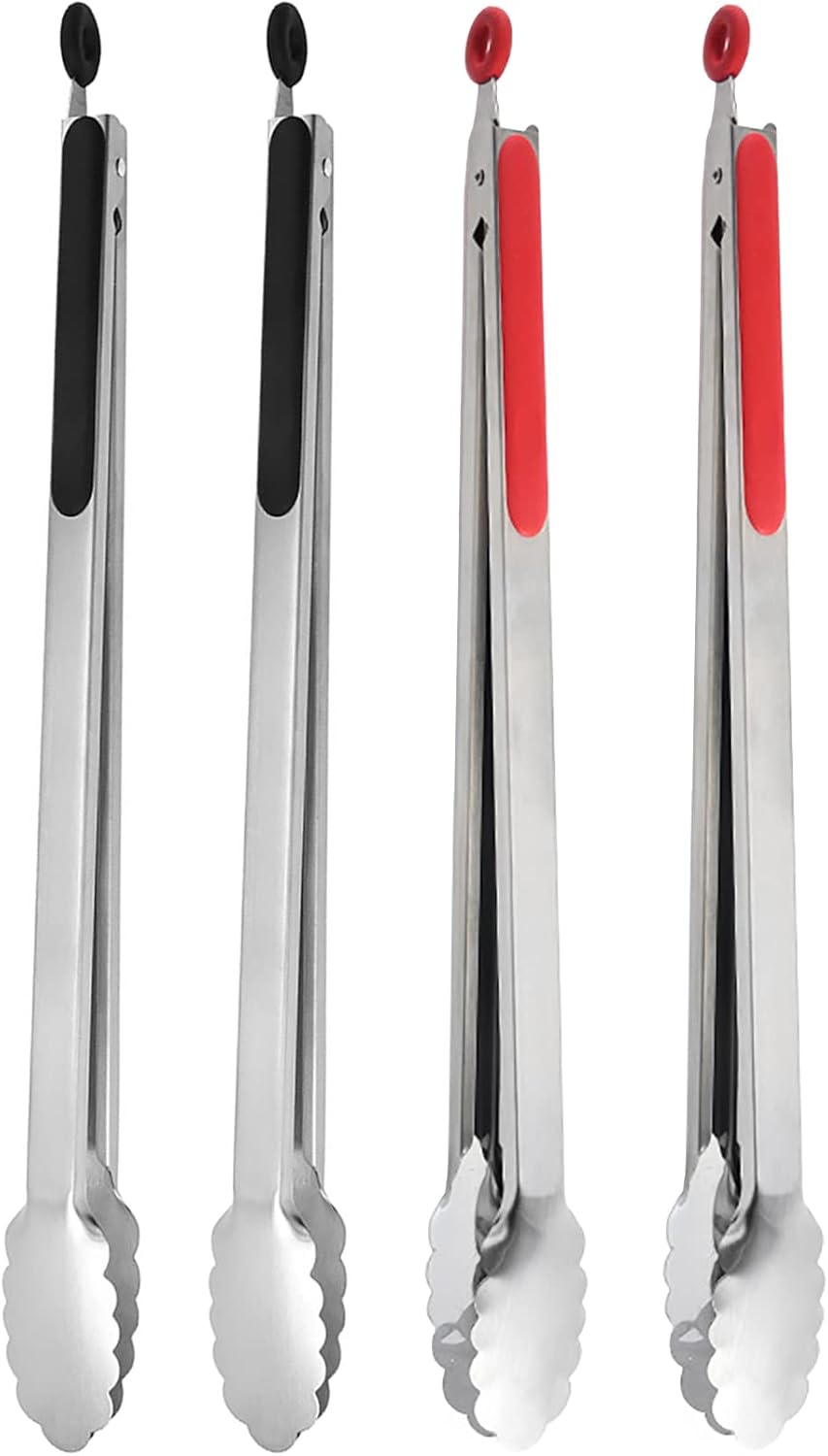 18'' Extra Long Barbecue Tong (2 black + 2 red), Stainless Steel Grill Tongs with Long Handle, Large Sized Food Tong, Thicken Steak Tongs, Serving Tong for Cooking, Grilling, BBQ, Buffet
