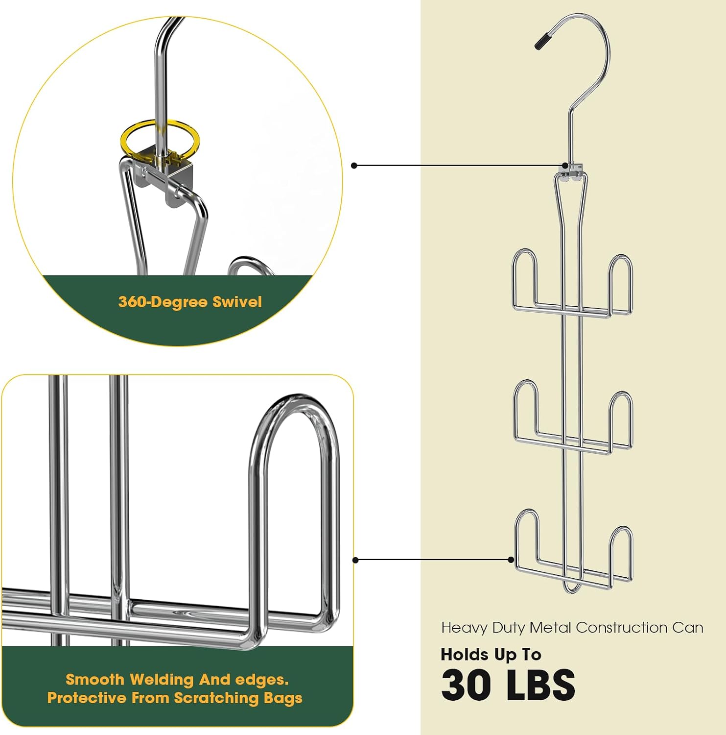 Purse Hanger 2 Pack,Purse Organizer for Closet,Rotatable Metal Bag Organizer,Purse Holder for Handbags,Belts,Scarves,Tote,Baseball Hats,Backpacks(Silver) thumbnail