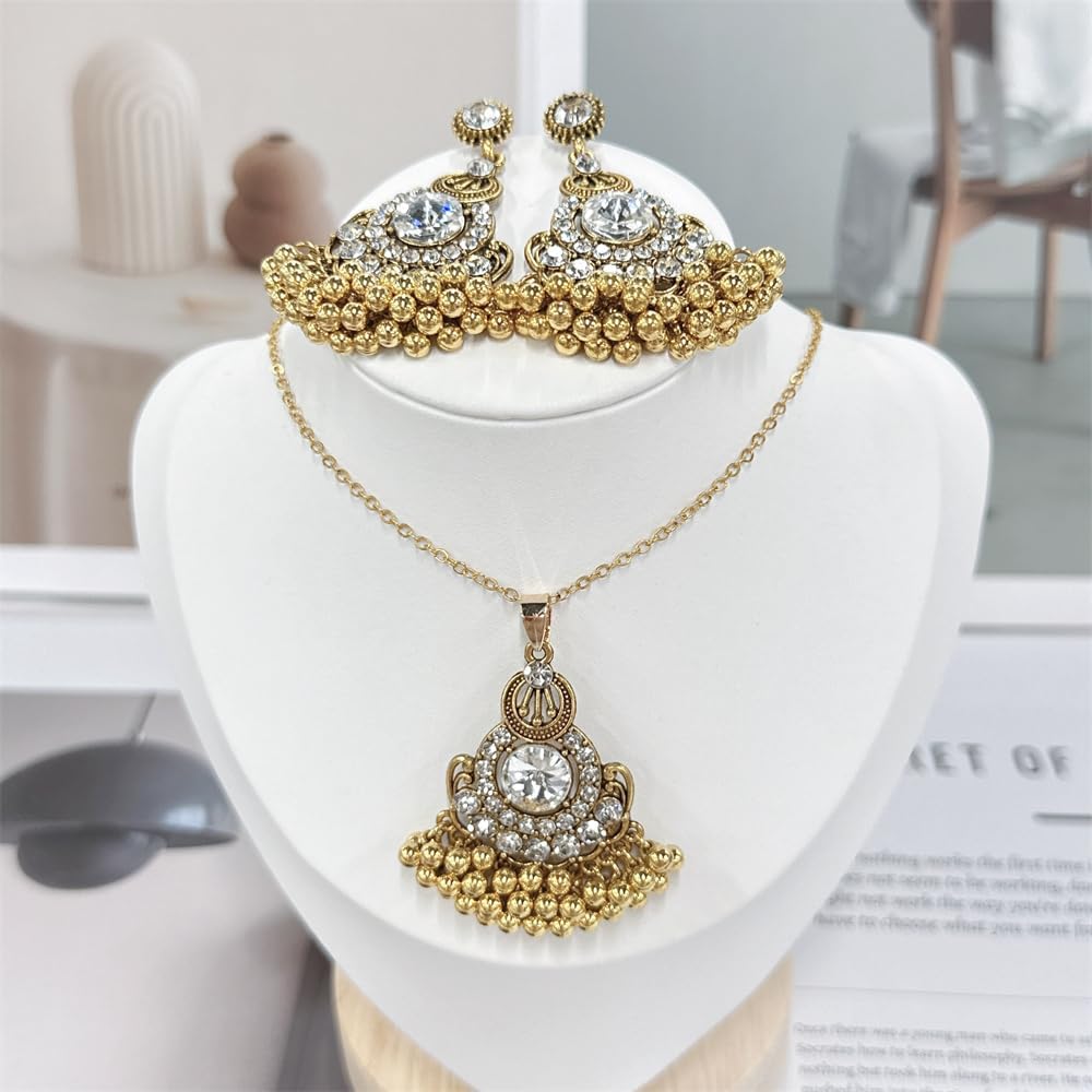 NewZenro Teardrop Pearl Beaded Tassel Dangle Drop Round CZ Stud Earrings Choker Pendant Necklace Set for Women Indian Fashion Trendy Bollywood Jewelry for Party Wedding 18" - Image 3