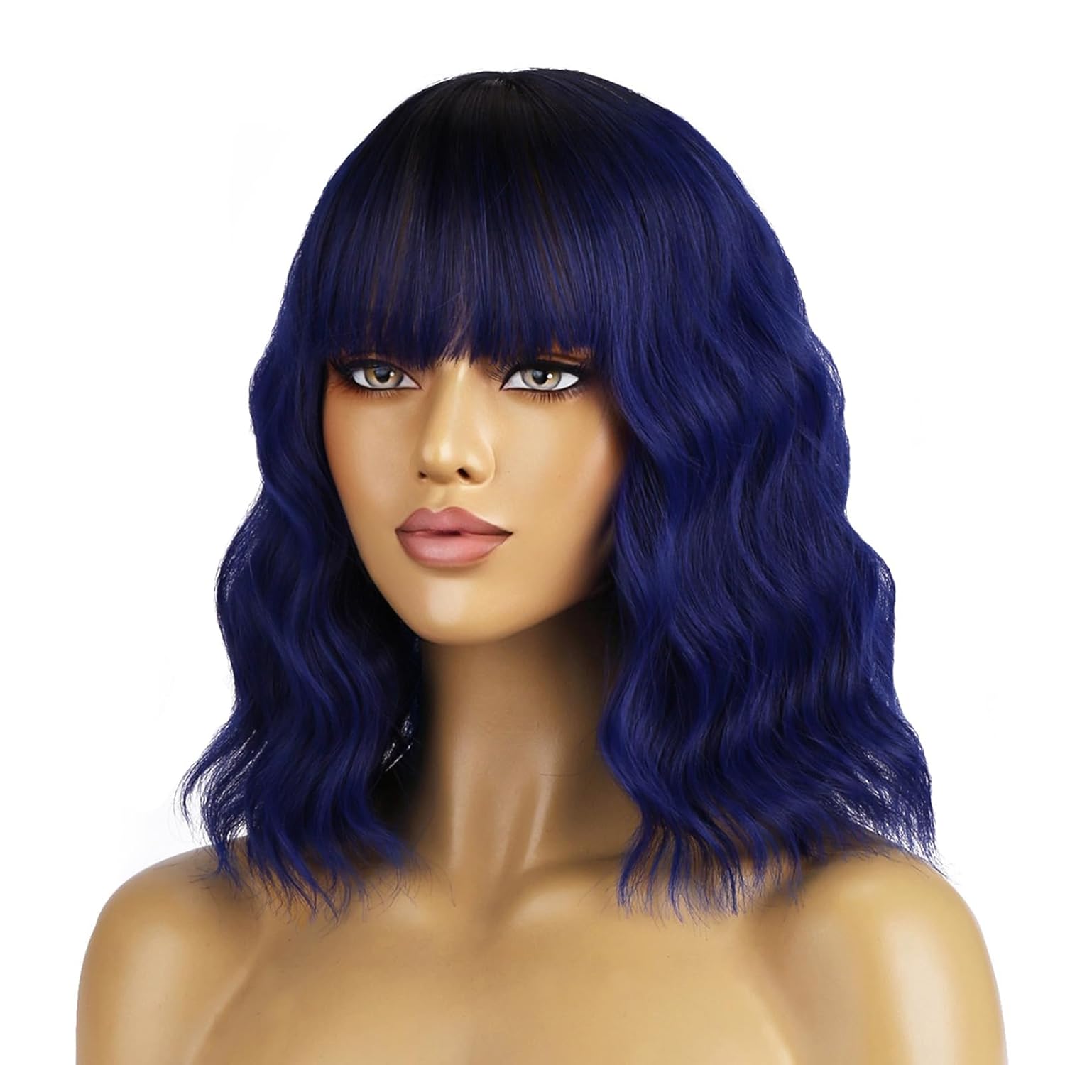 BERON 14 Inches Ombre Blue Wig Short Curly Blue Wigs with Bangs Ombre Wigs for Women Daily Party Hairnet Include