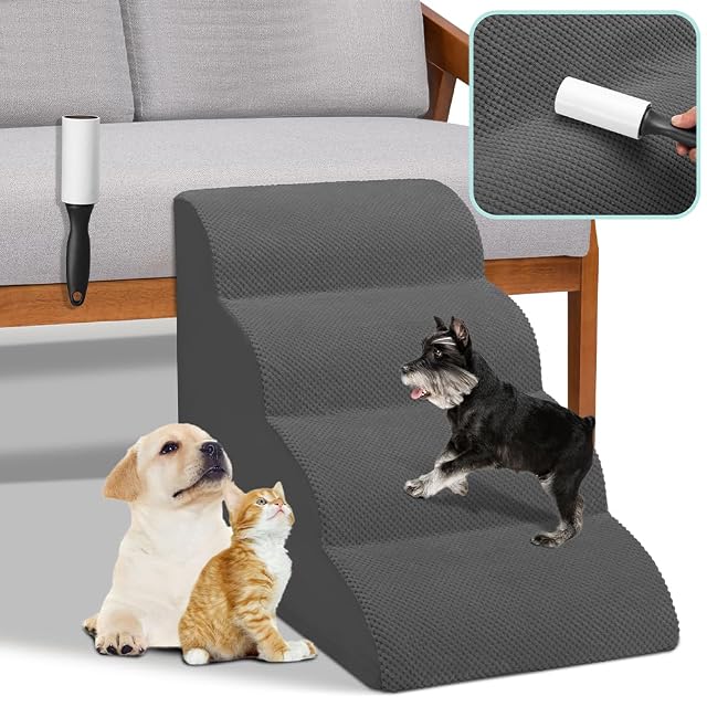 Foto 2 de 8 de BAKAJI Escalera para Mascotas con 4 peldaños y Rodillos, Revestimiento extraíble de Tejido Acanalado
