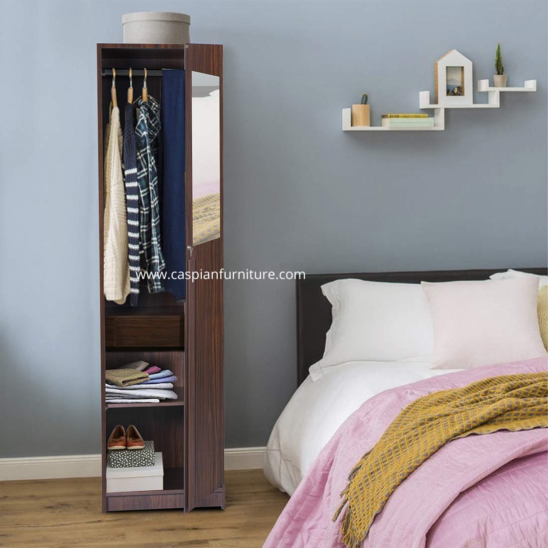 CASPIAN Furniture Single Door Engineered Wood Wardrobe with Hanging Space, Drawer and 3 Shelves (Brown)-image-38