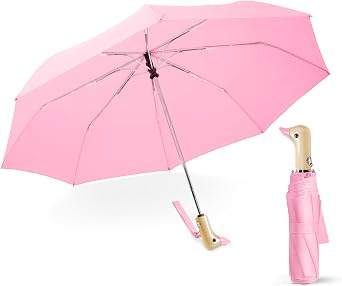 Cute Duck Umbrella Automatic - Compact Collapsible Small Umbrella Wooden Duck Handle Umbrellas for Kids and Women