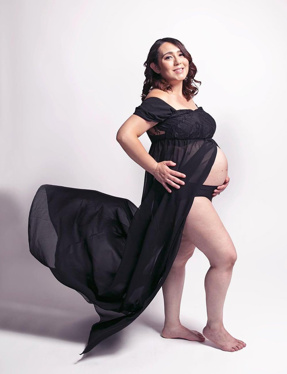 JustVH Maternity Dresses for Photoshoot Off Shoulder Chiffon Lace Gown Split Front Maxi Photography Dresses - Image 5