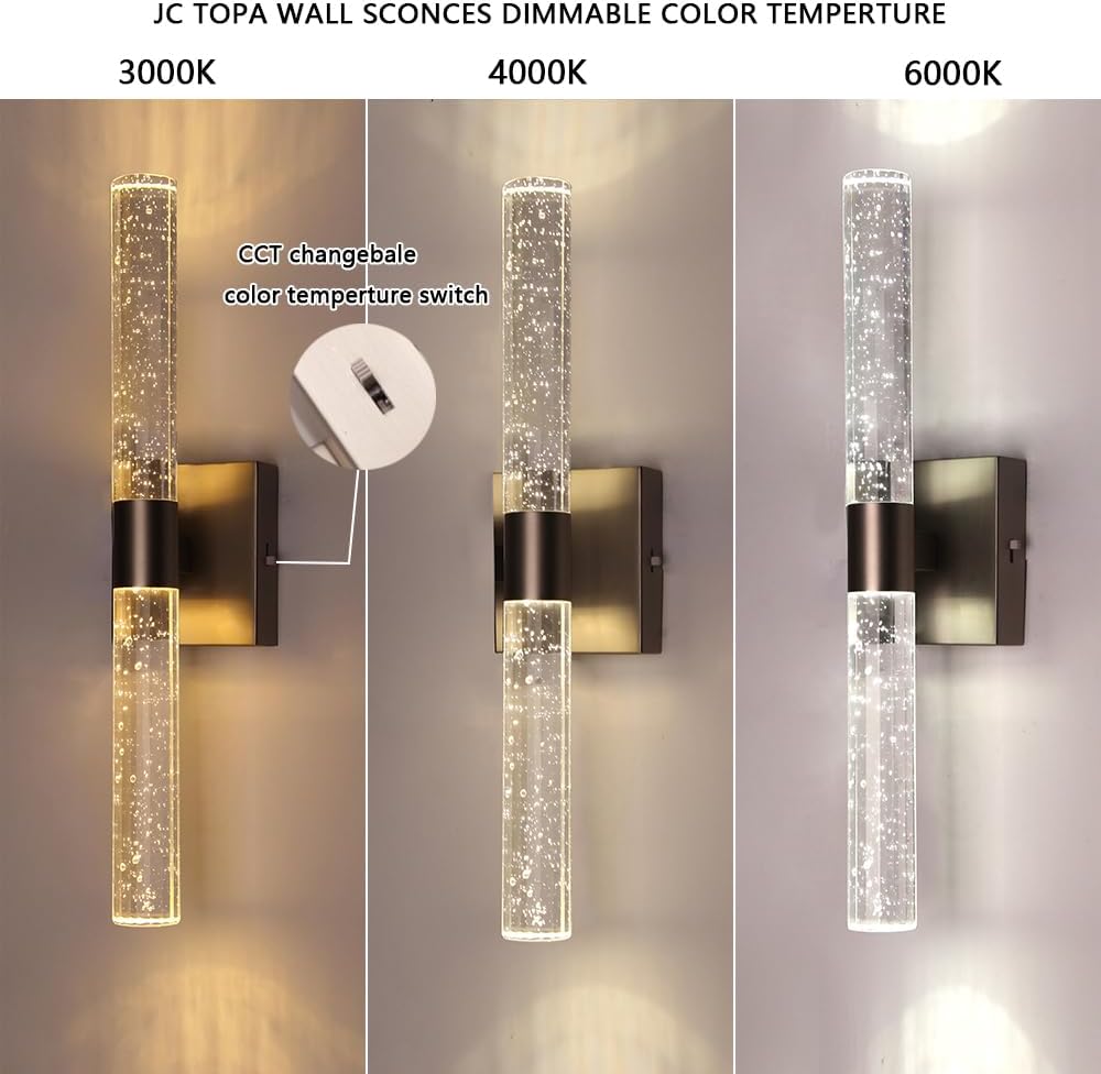 JC TOPA Apliques de pared modernos, 2 luces regulables LED de cristal