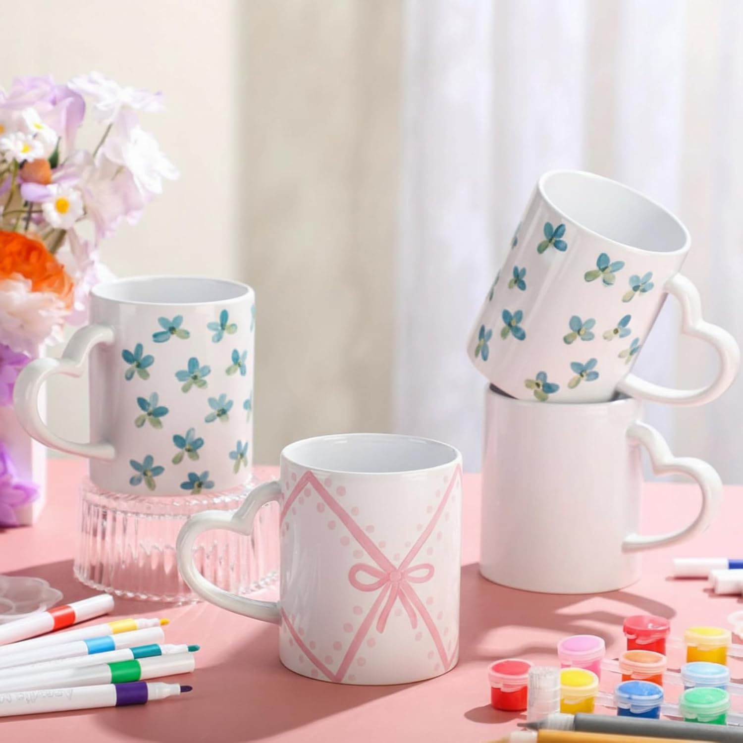 Potchen 4 Sets Valentine Paint Your Own Mug Kits, Ceramic Mugs with Heart Handle Galentines Painting Craft Kit Galentine Activities Includes 4 Cups 8 Brushes 4 Palettes 2 Outlines Pen and 12 Markers - Image 2