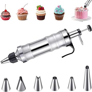 Icing Syringe Cake Decorating Kit, Stainless Steel Icing Piping Kit, DIY Frosting Tools with 6 Nozzles Replacement for Piping Bags and Nozzles Set, Cake Piping Kit for Baking