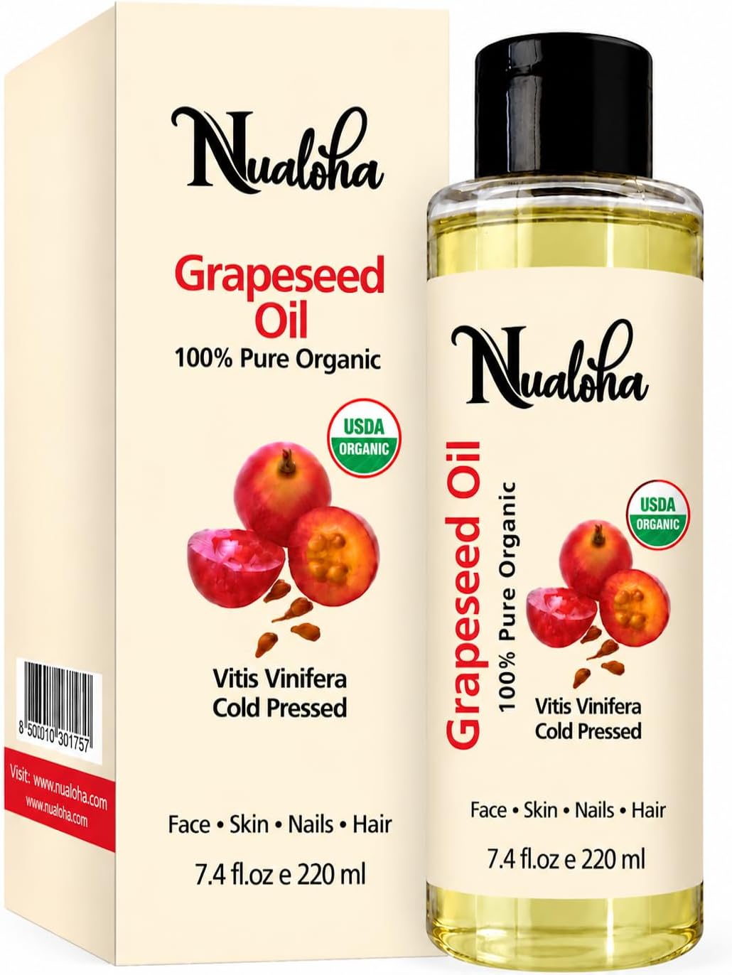Organic Grape Seed Oil For Face Skin Hair, 220 ML Certified Organic 100% Pure Cold Pressed Oil Anti-Aging Moisturizer for Wrinkles and Stretch Marks