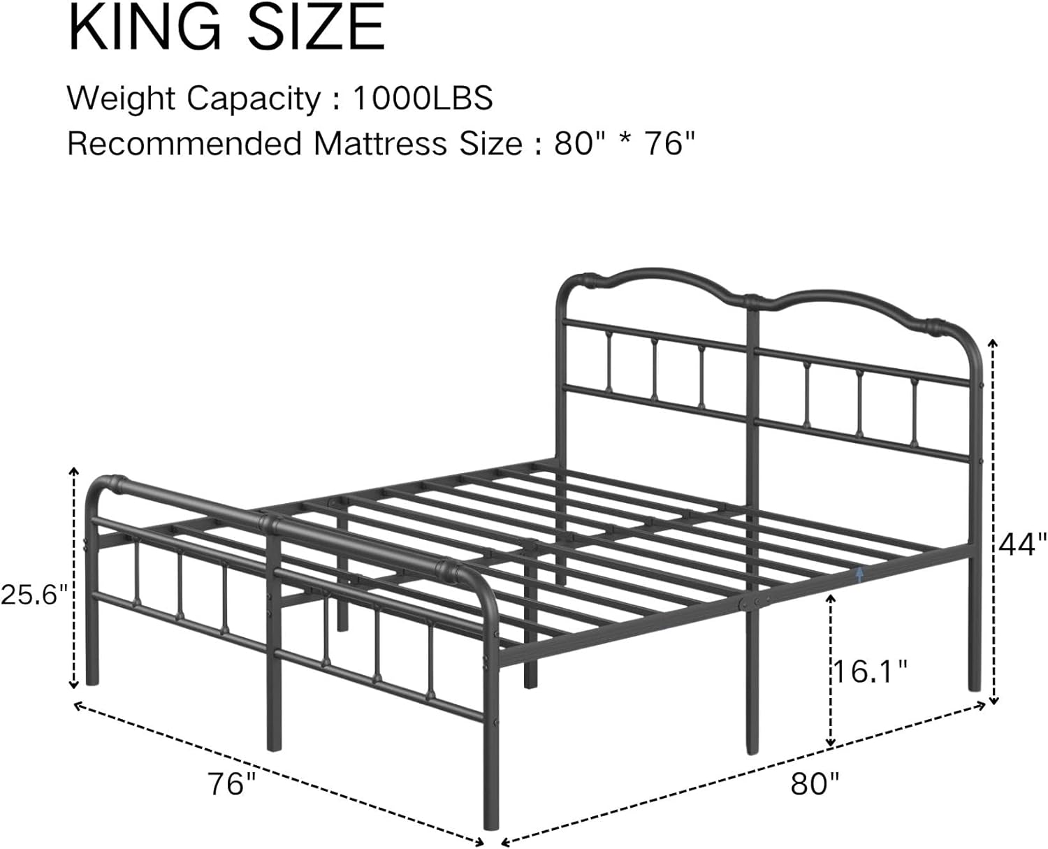 Breezehome King Size Bed Frame with Headboard, 18in High, Heavy Duty Metal Platform Bed Frame, Noise Free, Easy Assembly, No Box Spring Needed, Black
