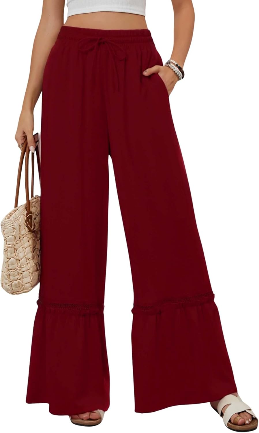 LIZALIG Womens Elastic High Waist Wide Leg Ruffle Loose Beach Palazzo Pants