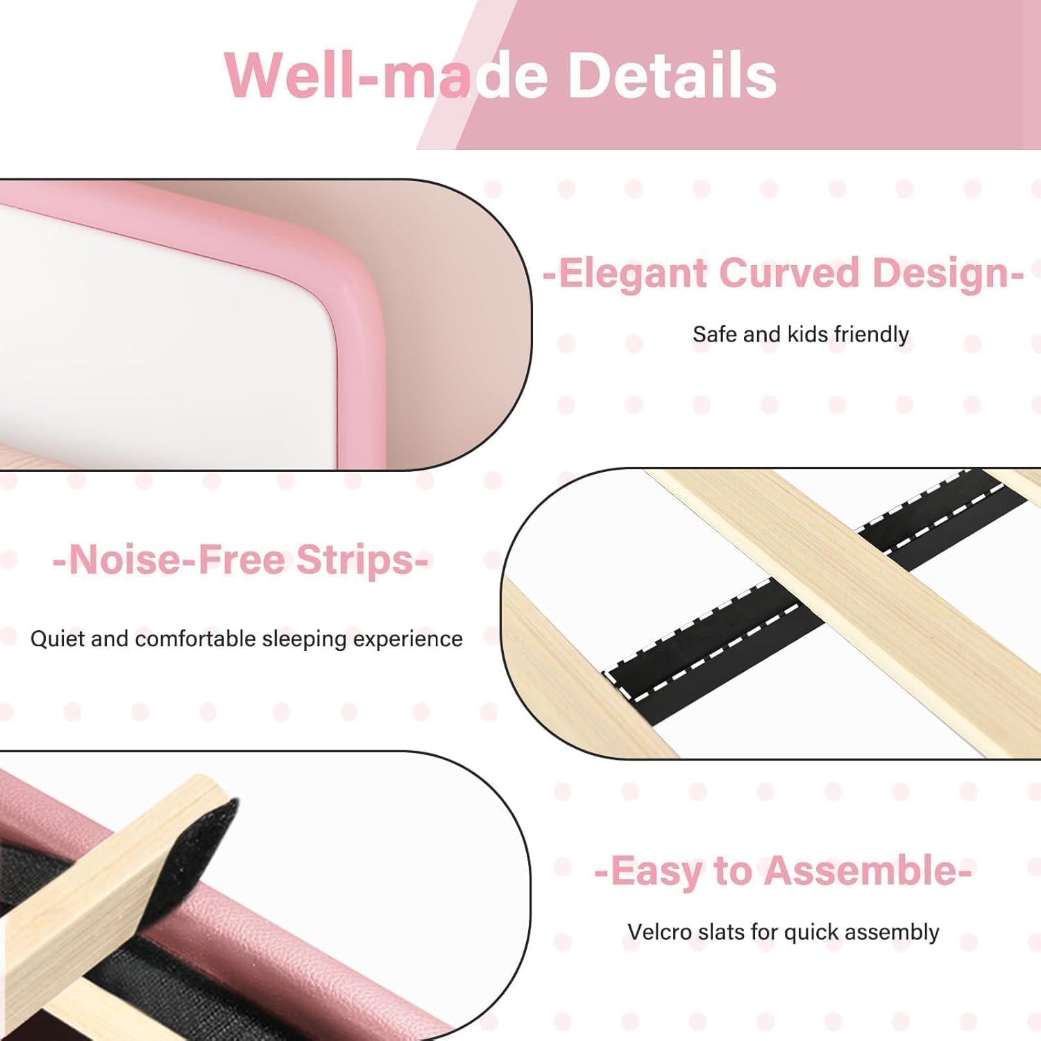 BarnFurin Upholstered Bed Frame Twin, Faux Leather Platform Bed with Curved Headboard, Classic Color-Blocking Design, Soft Rounded Corners, No Box Spring Required, Easy Assembly, Pink