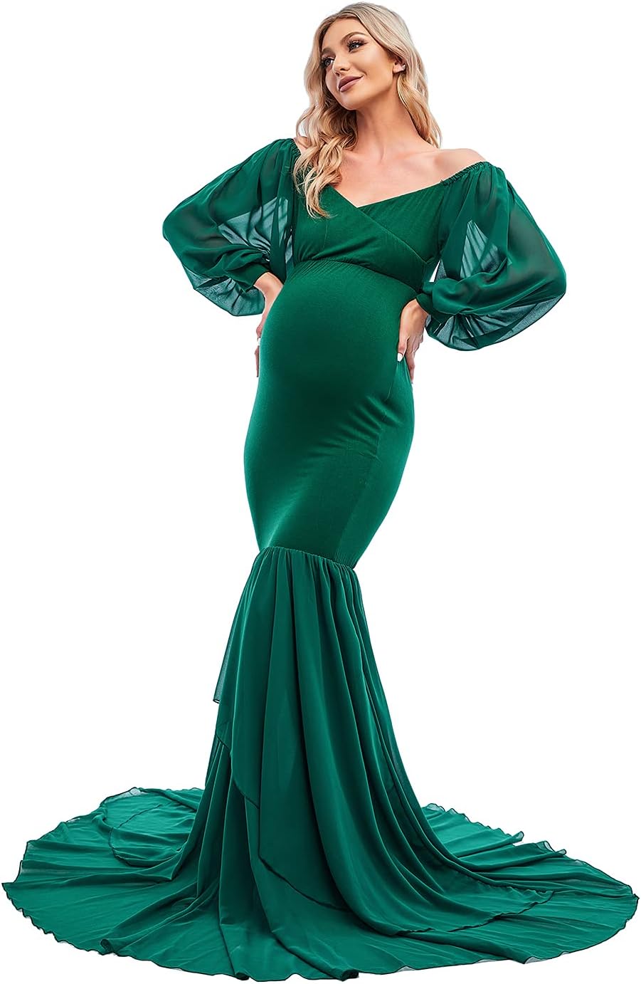 ZIUMUDY Maternity Fitted Mermaid Gown for Photoshoot Long Sleeve Tiered Chiffon Skirt Photo Props Dress - Image 4