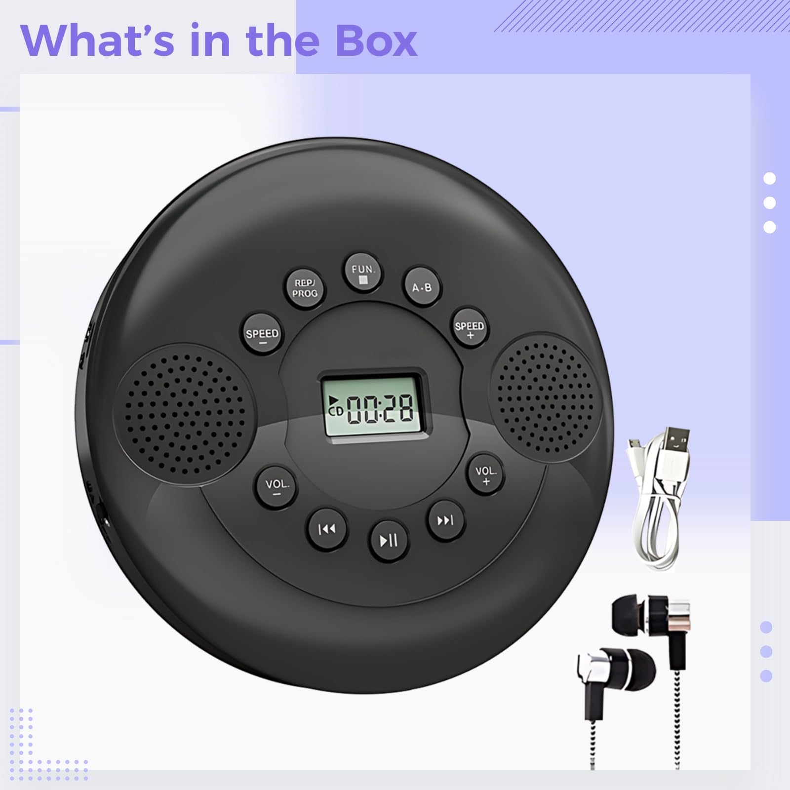 Lecteur CD Portable avec Connexion sans Fil et USB, Son stéréo, Compatible MP3, CD, CD-R, CD-RW, Batterie intégrée, AUX et USB, idéal pour la Voiture et la Maison